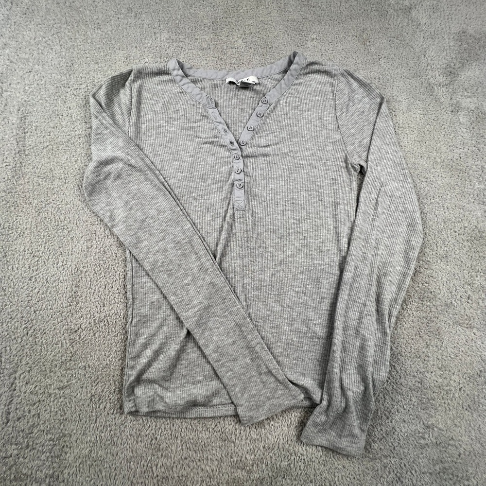 Y2K Ribbed Henley Top Heather Grey Long Sleeve Medium Forever 21